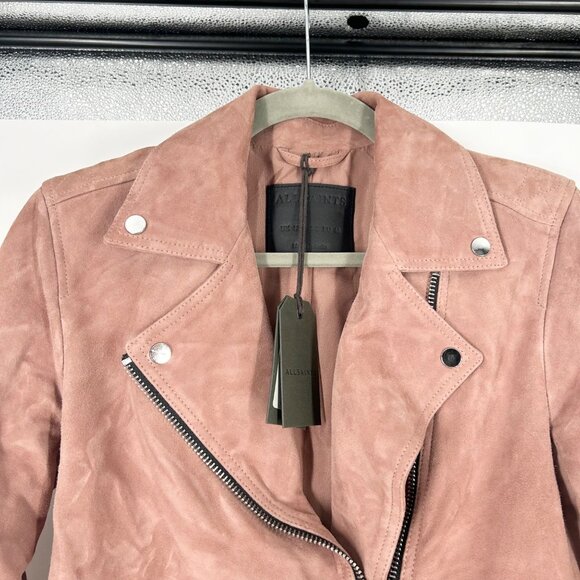 NWT All Saints Suede Leather Dalby Biker Jacket in Rose Pink - Picture 4 of 10